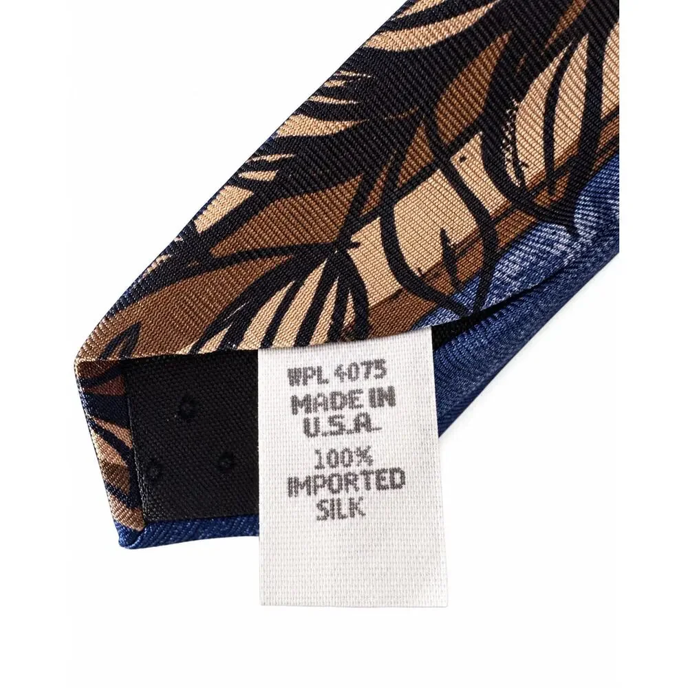 Vintage Farah 100% Silk Necktie Blue Tan Abstract Botanical Made in USA
